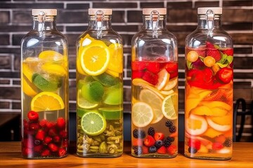 three glass bottles filled with colorful fruits on a white background Generative AI
