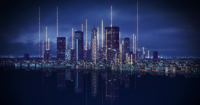 Modern City Controlled By Smart Artificial Intelligence. Glowing Wireless Data Lines. Technology Related 3D Animation.