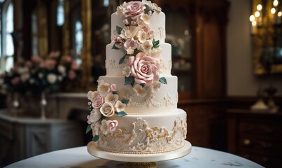  a three tiered wedding cake with pink flowers on it.  generative ai