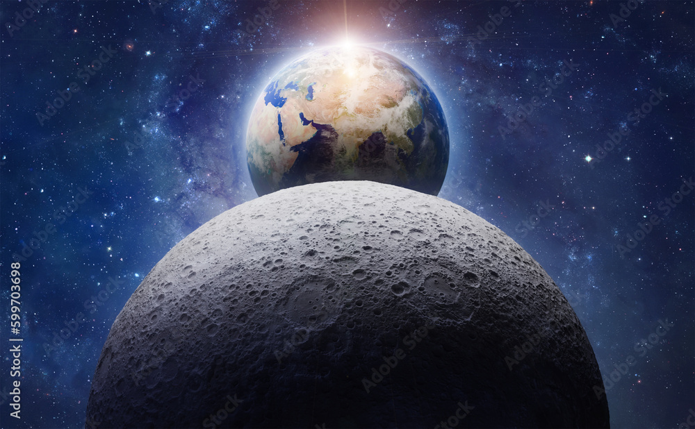Poster earth planet and moon globe in deep space background. blue earth. artemis space mission. elements of