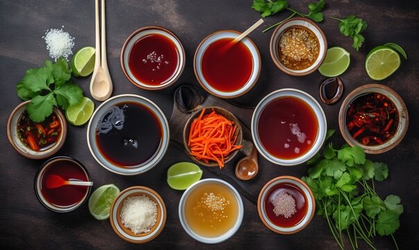  a variety of sauces and condiments on a table.  generative ai