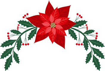 Poinsettia with holly branch illustration . Christmas element. Flat design.