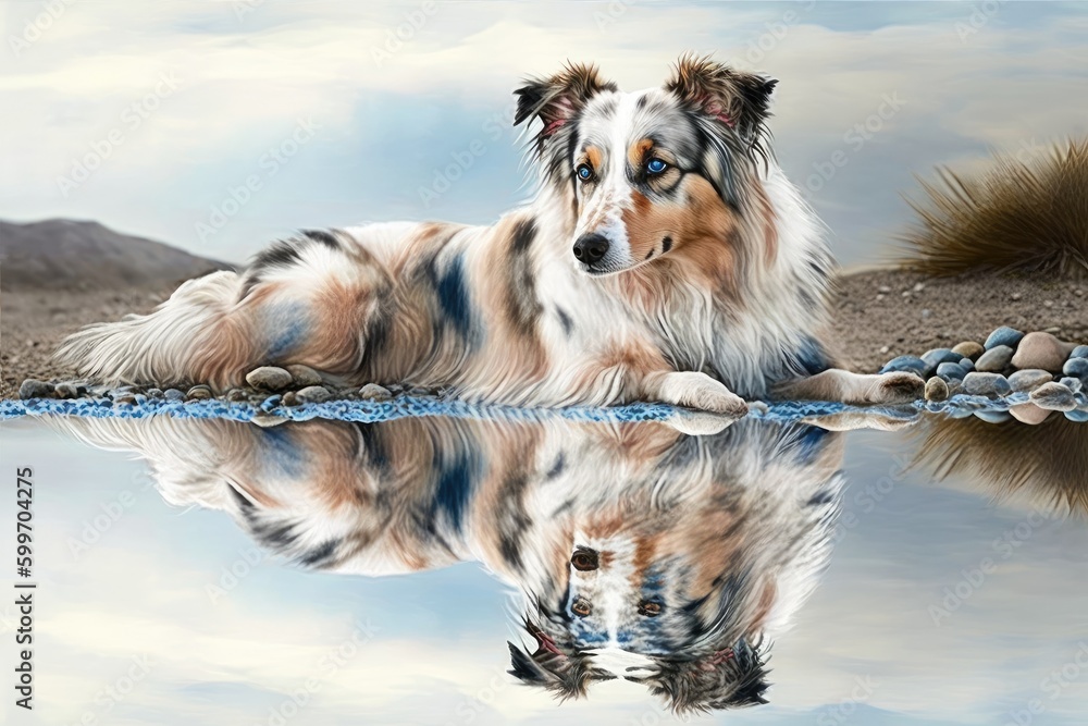 Poster serene collie resting by the waters edge generative ai