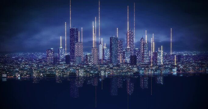 Flying Through Smart City. Crowded Modern City. Glowing Wireless Data Lines. Technology Related 3D Animation.