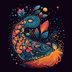 Obraz premium tattoo with fine, dotted strokes. Surreal, fantasy. AI generated. Vibrant color.