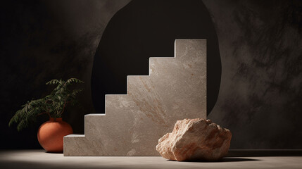 Natural Sand Stone Step Up Podium, Mars or Martian Aesthetic, Multi Textured Boho Color Palette in Earthy Woody Tone, Product Mock Up and Display for Cosmetic, Beauty, and Tech Products- Generative AI