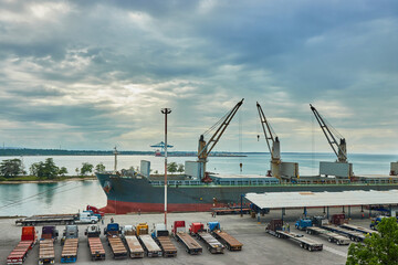 Bulk Carrier  ship at industrial commercial port in import export, Port Moín, Costa Rica, boat business commerce logistic and transportation of international freith