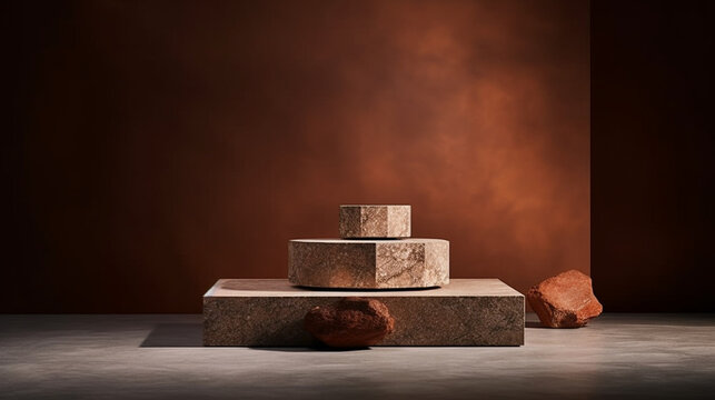 Natural Sand Stone Step Up Podium, Mars or Martian Aesthetic, Multi Textured Boho Color Palette in Earthy Woody Tone, Product Mock Up and Display for Cosmetic, Beauty, and Tech Products- Generative AI