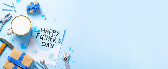 Happy Father's Day Concept, Greeting card, Father's Day Breakfast with morning coffee, gift boxes, letter on light blue background