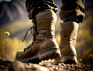 Hiker trekking boot close up on nature background for World Tourism Day. Leg in hiking shoe for travel activity foreground. Generative AI