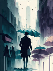 Illustration of people in bustling city when raining
