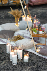 Romantic picnic with wine, cheese, lavender, strawberry