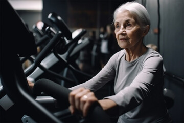 Fototapeta na wymiar a gray-haired elderly woman is engaged in fitness equipment in the gym .the concept of health and self-care. Generative AI 