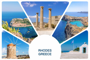 Photo collage from Rhodes, Greece. View of Photo collage from Rhodes, Greece. View of beautiful landscape, ancient ruins, sea with sailboats and coastline of island of Rhodes in Aegean Sea.