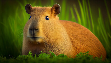 Fototapeta premium Capybara in Nature South America Big Rodent Capybaras Generative AI