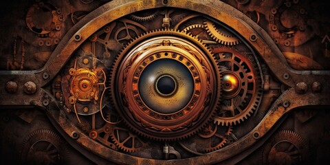 Steampunk background made of brass with gears and an eye-type feature for presentation  generative AI Art