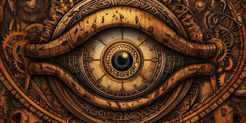 Fototapeta na wymiar Steampunk background made of brass with an eye-looking feature - generative AI art