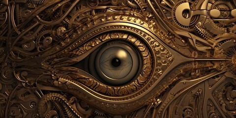 Steampunk background made of brass with gears and an eye-type feature for presentation  generative AI Art