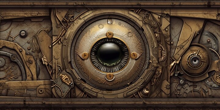 Steampunk background made of brass with gears and an eye-type feature for presentation  generative AI Art