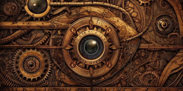 Steampunk background made of brass with gears and an eye-type feature for presentation  generative AI Art