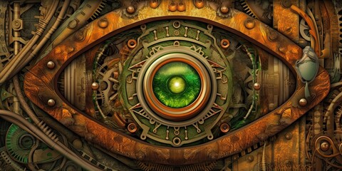 Obraz premium Steampunk background made of brass with an eye-looking feature - generative AI art