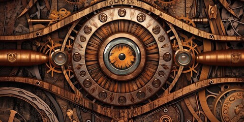 Obraz premium Steampunk background made of brass with an eye-looking feature - generative AI art