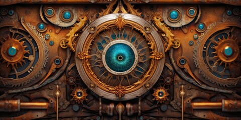 Obraz premium Steampunk background made of brass with an eye-looking feature - generative AI art