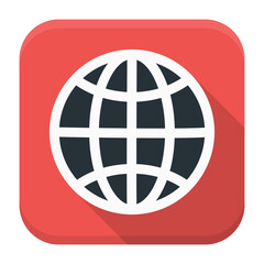 Globe app icon with long shadow. Flat stylized square app icon with long shadow