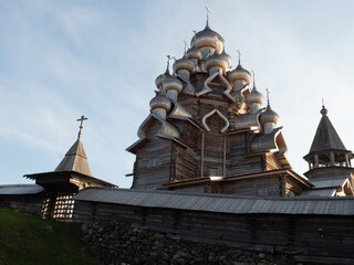 A monument of wooden architecture, a wooden church with many domes. Kizhi Island, Karelia, northern...