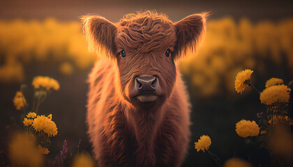 Fototapeta premium Highland Cattle Scottish Highland Cow Furry Cow Generative AI
