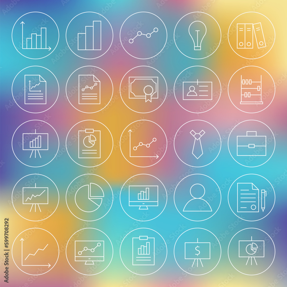 Poster line circle finance business office icons set. vector set of thin line art modern icons for web and 