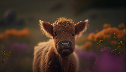 Fototapeta premium Highland Cattle Scottish Highland Cow Furry Cow Generative AI
