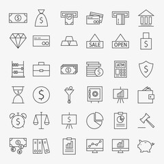 Line Banking Money and Finance Icons Big Set. Vector Set of 36 Line Art Modern Icons for Web and Mobile. Bank and Banking. Money and Finance Items. Business Marketing and Shopping Objects.