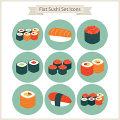 Flat Big Food Sushi Set Circle Icons. Set of Japanese Food. Vector Illustration. Flat Circle Icons for web. Sushi rolls and sashimi. Restaurant food. Asian Menu