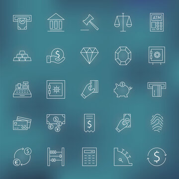 Money Finance Banking. Vector Set of Thin Line Art Modern Icons for Web and Mobile. Bank and Banking. Debit and Credit. Money and Finance Items. Business Investments and Earnings Objects. Blurred back