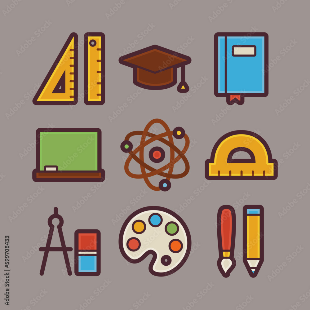 Poster vector school and education items modern flat icons set. back to school and science app web elements