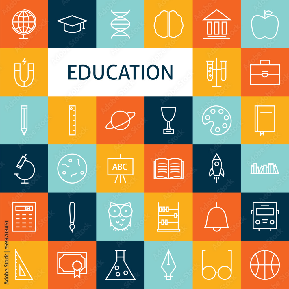 Poster vector flat line art modern school and education icons set. education and science icons set over col