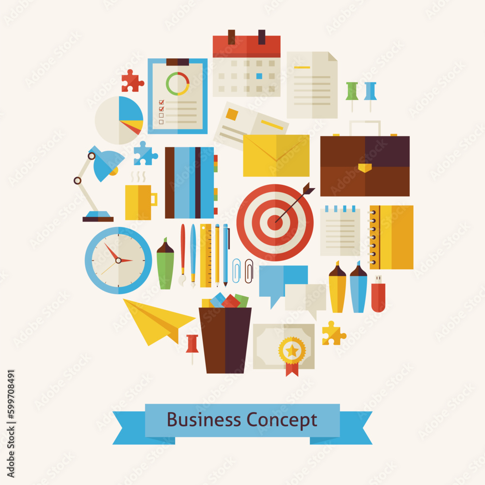 Poster vector flat style business workplace and office objects concept. flat design vector illustration. co