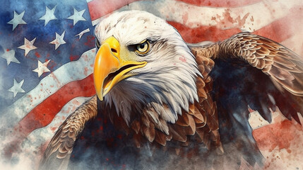Watercolor of American Bald Eagle Over An American Flag Abstract Background - Generative AI.
