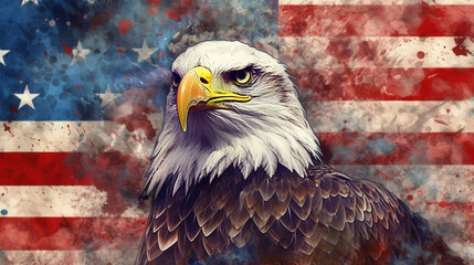 Watercolor of American Bald Eagle Over An American Flag Abstract Background - Generative AI.