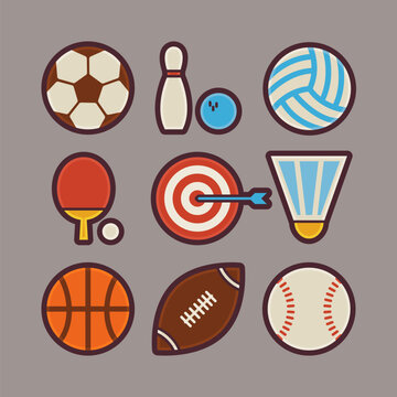 Vector Sport Items Modern Flat Icons Set. Sports and Activities App Web Elements Collection. Team Games. Colorful Elements for Mobile Game and Web Application