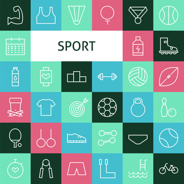 Vector Flat Line Art Modern Sports and Recreation Icons Set. Fitness Icons Set over Colorful Tile. Vector Set of 36 Sport Competition and Exercise Modern Line Icons for Web and Mobile.