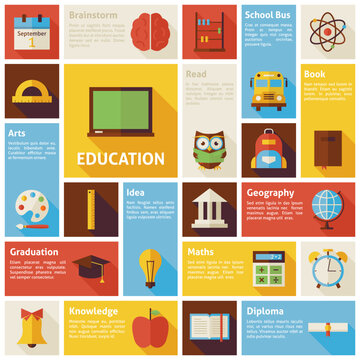 Flat Design Icons Infographic Education Concept. Vector Illustration. Design elements for mobile and web applications with long shadow. Back to School and Knowledge.