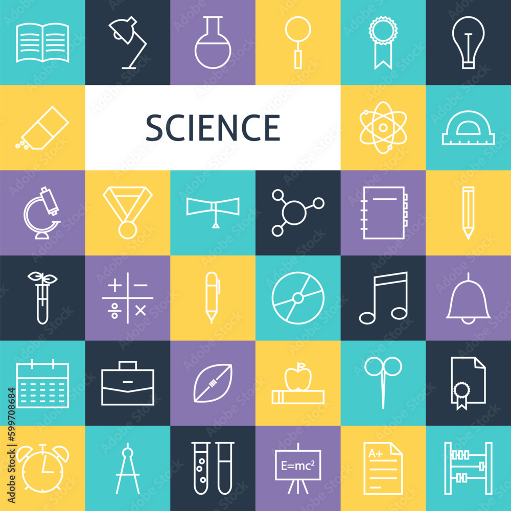 Poster vector flat line art modern science education and school icons set. research icons set over colorful