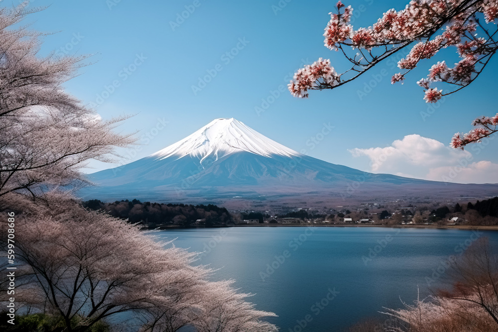 Poster blossoming sakura branches with a view of the mountain. generative ai