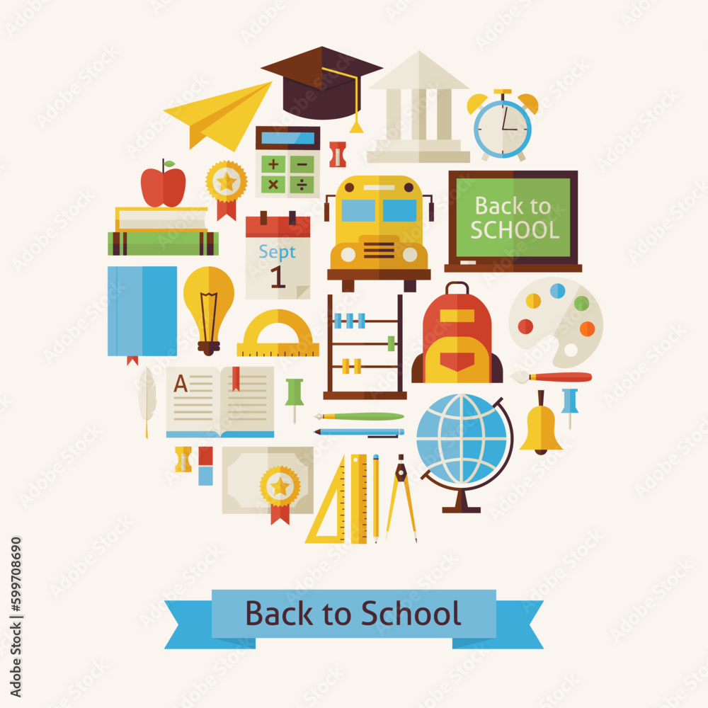 Poster vector flat style back to school and education objects concept. flat design vector illustration. col