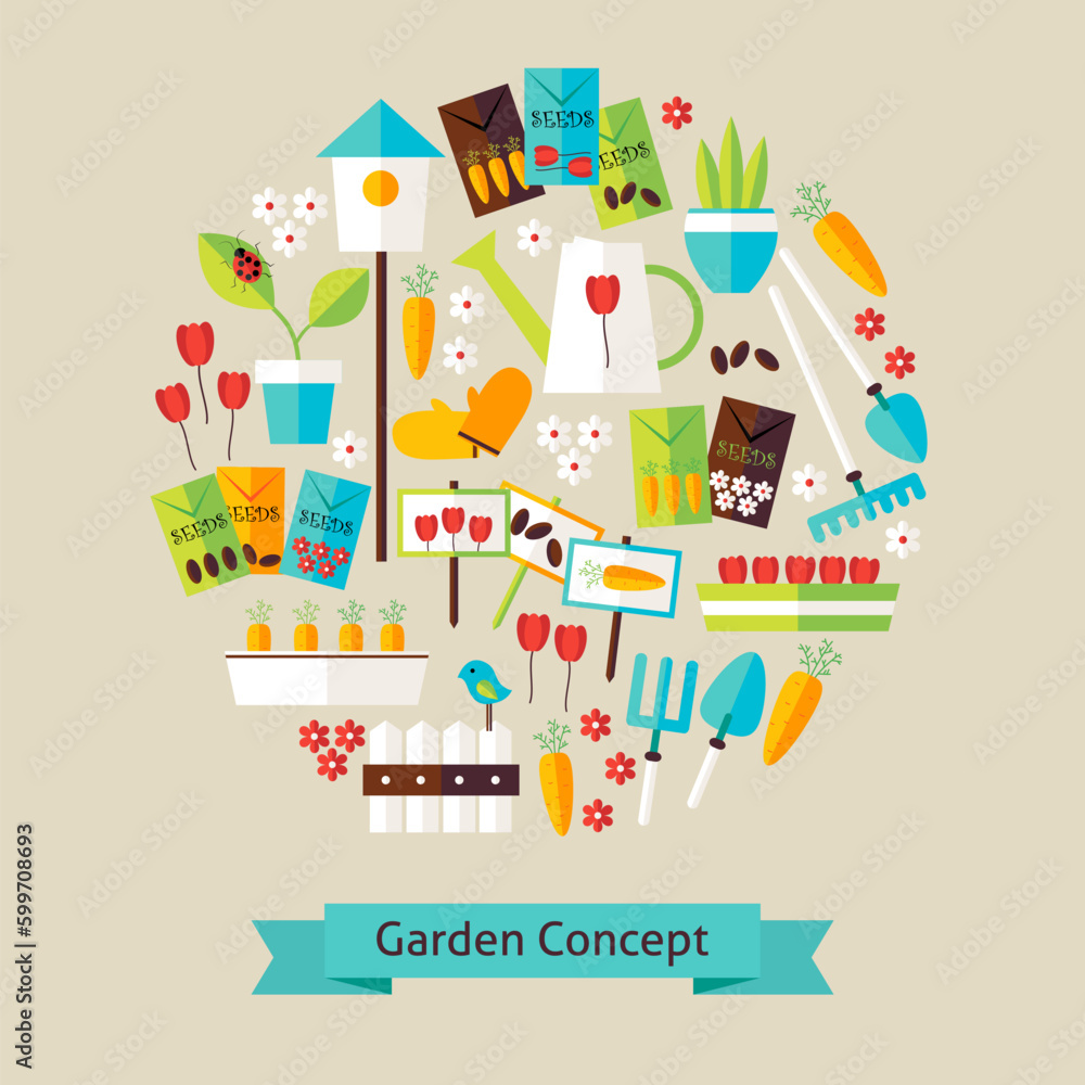 Poster vector flat style nature gardening and environment objects concept. flat design vector illustration.