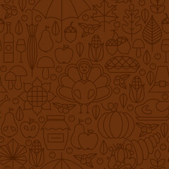 Thin Line Holiday Thanksgiving Day Brown Seamless Pattern. Vector Autumn Thanksgiving Dinner Design and Seamless Background in Trendy Modern Line Style. Thin Outline Art. Traditional National Celebrat