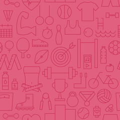 Thin Line Sport Items and Fitness Seamless Pink Pattern. Vector Exercises Design and Seamless Background in Trendy Modern Line Style. Thin Outline Art