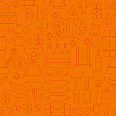 Thin Oktoberfest Line Alcohol Beer Orange Seamless Pattern. Vector German Party Design and Seamless Background in Trendy Modern Line Style. Thin Outline Art
